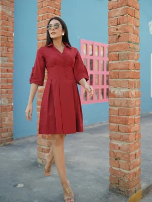 Buy Designer Sammar Fancy Linen Short Red Dress.
